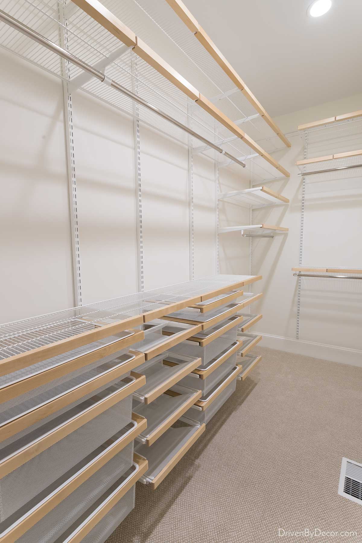 Floor to ceiling modular shoe shelves with decorative trim